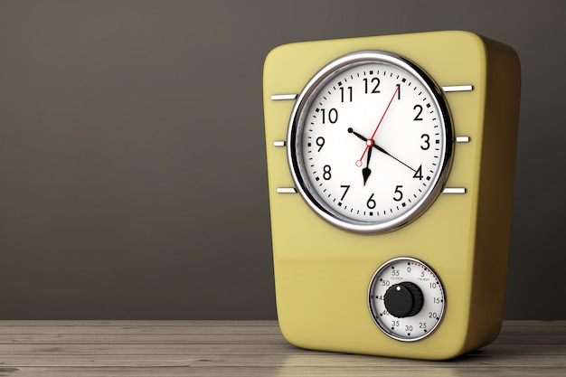 Orologio da cucina in stile retrò con timer su un tavolo di legno. Rendering 3D