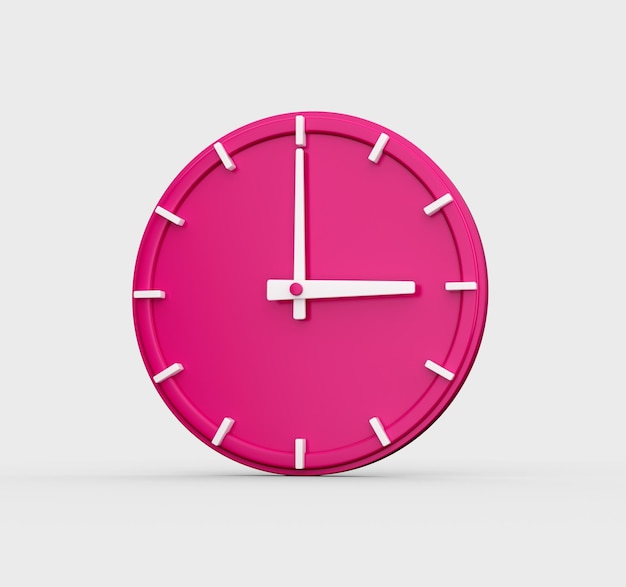 Orologio da parete magenta isolato su sfondo grigio con ombra Design elegante 3 o clock 3d illustration