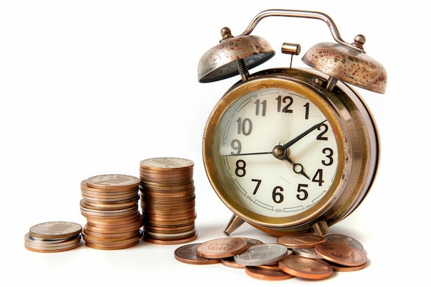 Orologio da sveglia retrò e pila di monete Pianificazione della pensione Risparmio di denaro e investimenti