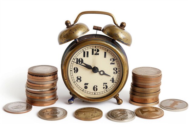 Orologio da sveglia retrò e pila di monete Pianificazione della pensione Risparmio di denaro e investimenti
