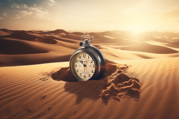 Orologio da tasca d'epoca nel deserto Il tempo sta per scadere timeline tramonto fine del tempo