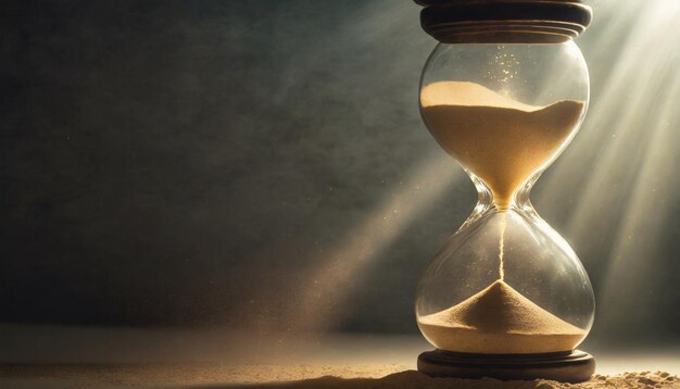 Orologio di sabbia elegante con sabbia che scorre che simboleggia il tempo che passa e il concetto di un cronometrista in un l
