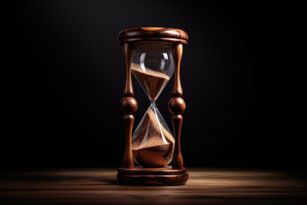 Orologio di sabbia in legno con sfondo scuro concetto di gestione del tempo IA generativa