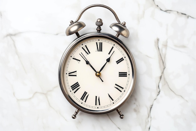 Orologio di sveglia classico su sfondo chiaro Orologio da scrivania vintage orologio mattutino con campana Concetto di sfondo minimalista del tempo Orario di lavoro Conto alla rovescia della scadenza