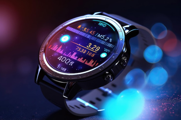 Orologio intelligente digitale con funzioni biometriche sullo schermo su sfondo astratto