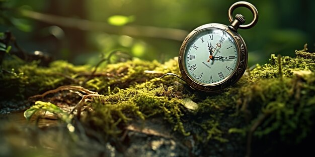 Orologio nella foresta pausa temporale trascorrere del tempo in natura e concetto di flusso del tempo