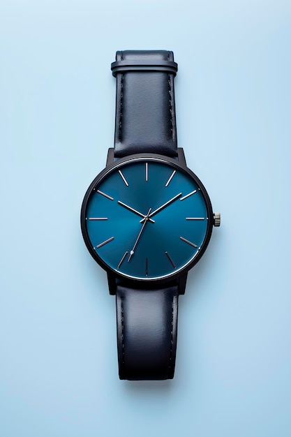 Orologio nero elegante su sfondo blu AI generativa