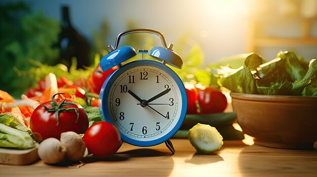 Orologio sveglia blu evidenziato Sul lato c'è un pasto sano con insalata e verdure sul tavolo