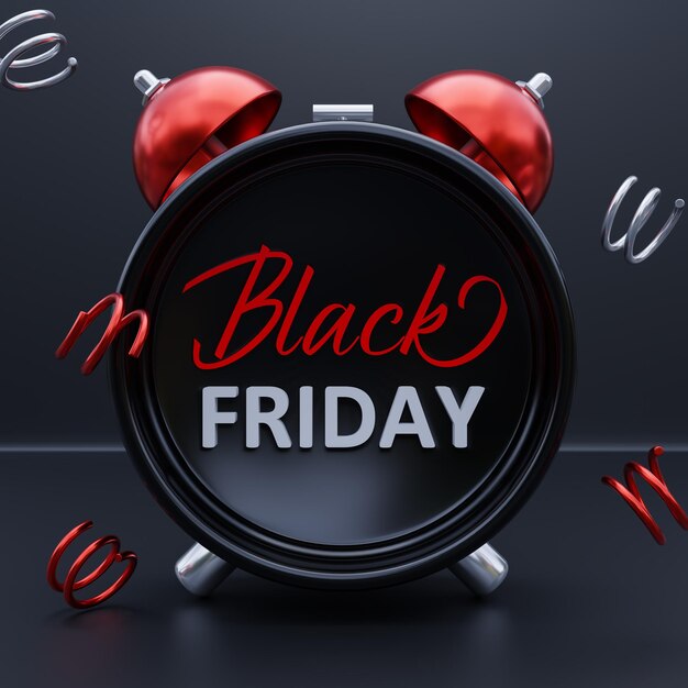 Orologio sveglia con testo Black Friday su sfondo nero Concept Black Friday sale time 3D