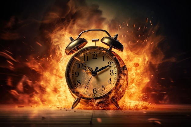 Orologio sveglia in fiamme su tavolo di legno Il tempo sta finendo concetto orologio svegliante in fiamme il tempo è in esecuzione concetto AI generato