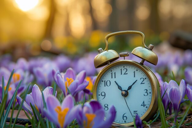 Orologio sveglia tra i crocusi in fiore concetto di primavera in avanti cambiamento dell'ora prima primavera fiori orario diurno orario di inverno orario di Natale perdono un'ora