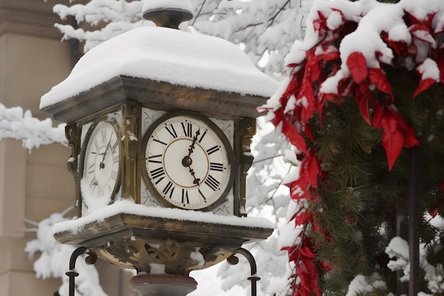 Orologio vintage all'aperto nella rete neurale invernale generata dai