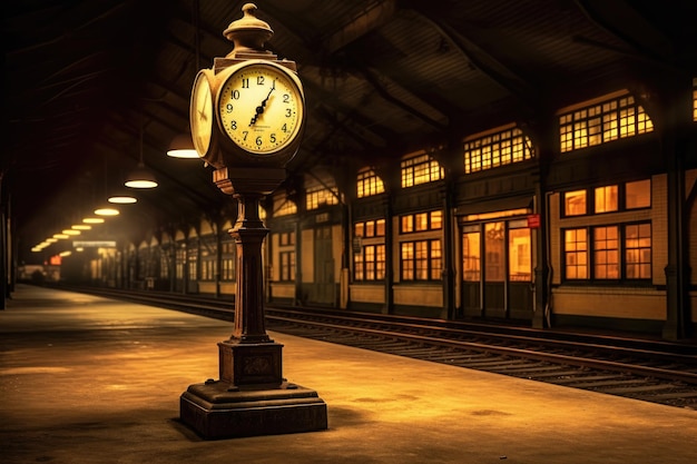 Orologio vintage della stazione ferroviaria in scarsa luce creato con ai generativo