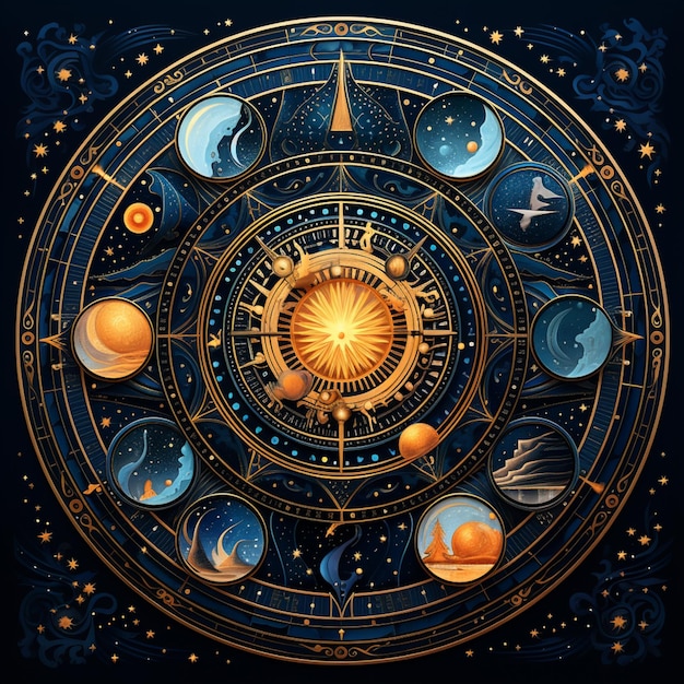 orologio zodiacale con pianeti e sole al centro generativo ai