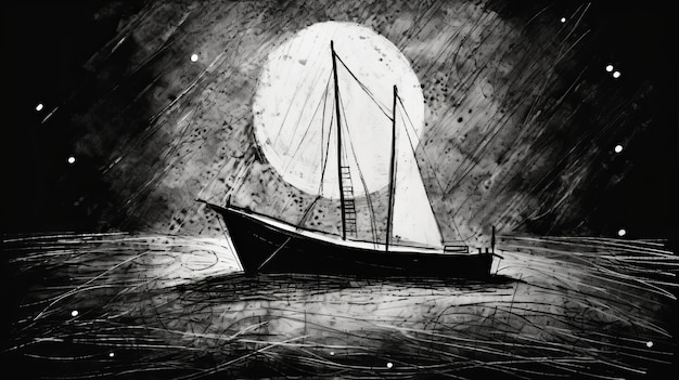 Orrore surreale schizzo in bianco e nero di una barca a vela al chiaro di luna