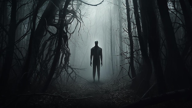 Orrore una silhouette solitaria in una triste foresta nebbiosa thriller maniaco l'oscurità della notte