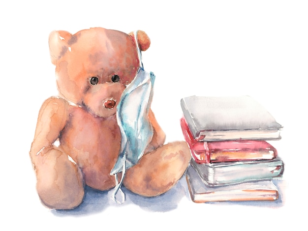 Orsacchiotto di peluche in una maschera medica con libri, apprendimento a distanza per bambini