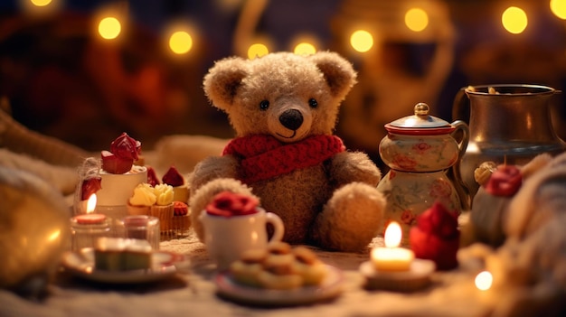 Orsacchiotto e candela si godono un tea party da picnic con tazze da tè in miniatura e pasticcini AIGenerated