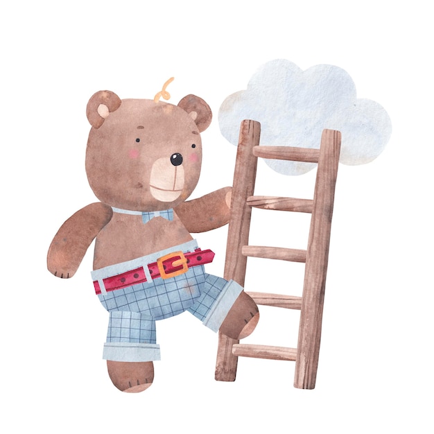 Orsacchiotto e scale Illustrazione disegnata a mano ad acquerello Simpatico orsacchiotto in jeans