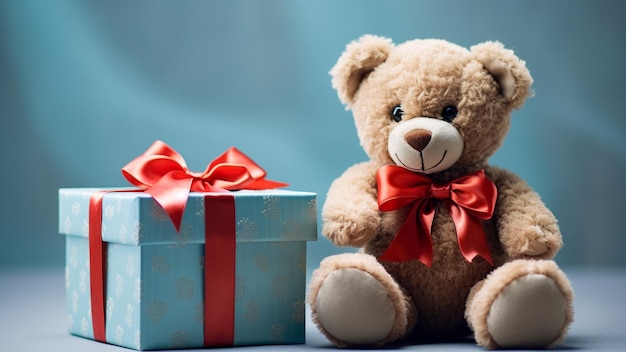 Orsacchiotto marrone con confezione regalo rossa Il concetto di San Valentino Natale o concetto di compleanno