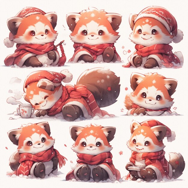 orsacchiotto panda rosso in abiti da inverno seduto nella neve generativo ai
