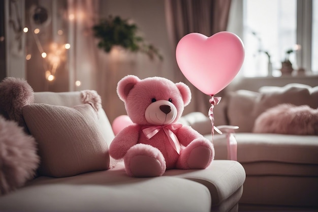 Orsacchiotto rosa con un cuore e un palloncino in un accogliente soggiorno