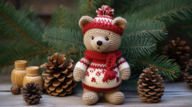 Orsetto bruno natalizio lavorato a maglia Giocattolo lavorato a maglia fatto a mano creato con la tecnologia AI generativa