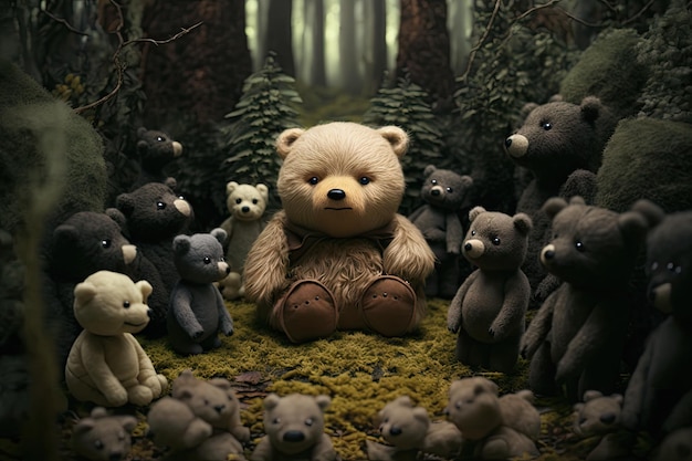 Orsetto circondato da orsetti in miniatura in una foresta