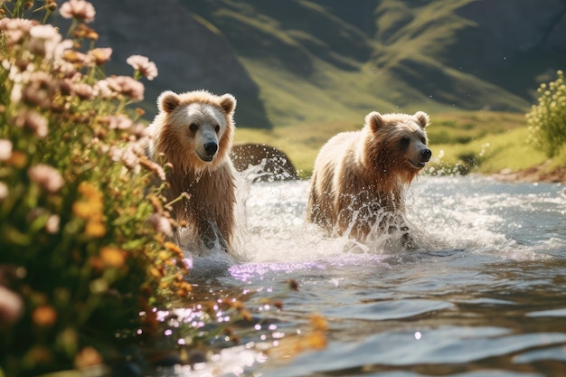 Orsi che si divertono in un sereno paesaggio montuoso circondati da fiori selvatici e ruscelli cristallini che trasmettono la giocosità degli orsi e la bellezza idilliaca del loro habitat naturale