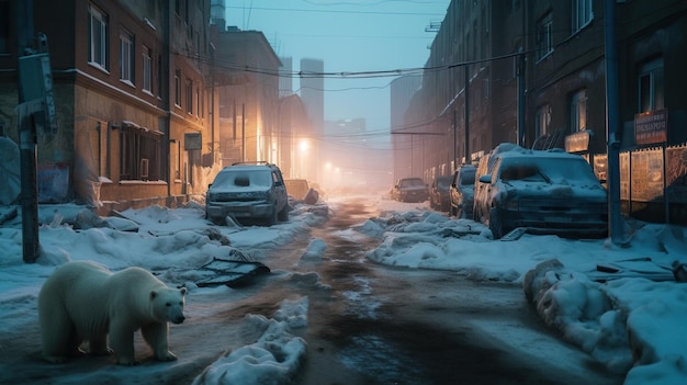 Orsi polari per strada di notte in inverno