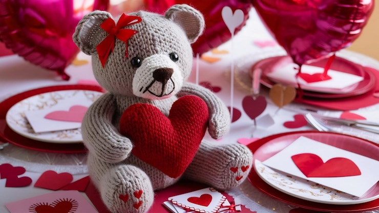 Foto orso a maglia con cuore decorazione per il giorno di san valentino giocattolo a maglia amigurumi biglietto di auguri