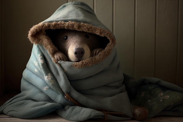 Orso bambola in un sacco a pelo caldo e accogliente pronto per andare a dormire