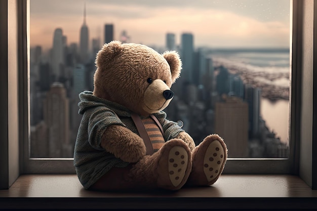 Orso bambola seduta sul davanzale con vista sullo skyline della città