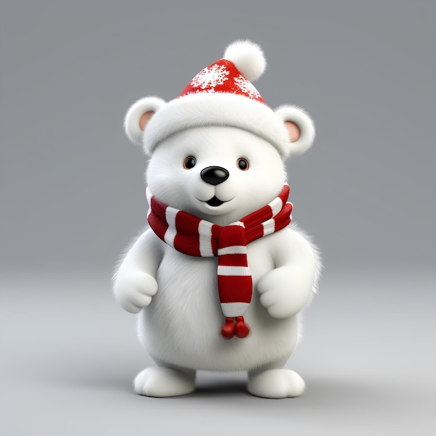 Orso bianco natalizio con cappello da Babbo Natale e sciarpa natalizia 3D