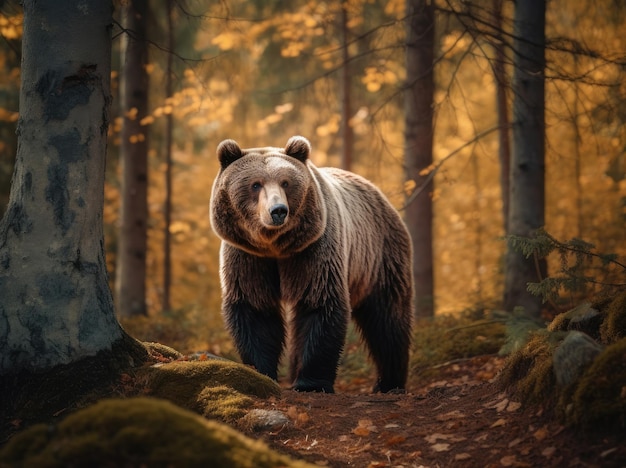 Orso bruno che cammina lentamente attraverso la foresta