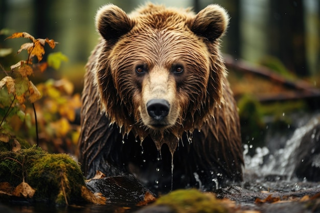 Orso bruno che pesca in un fiume IA generativa