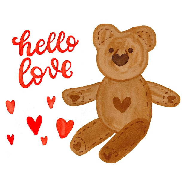 Orso bruno con Hallo love lettering frase romantica. Acquerello di San Valentino. Acquerello disegnato a mano