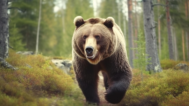 Orso bruno grizzly che cammina nella foresta dall'aspetto perfetto ultra Generativo ai