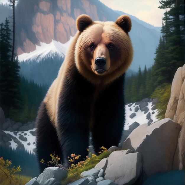 Orso bruno sullo sfondo di montagne e foresta rendering 3d