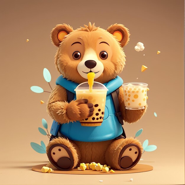 Orso carino che beve tè al latte boba con miele illustrazione di icona vettoriale di cartone animato bevanda animale isolata