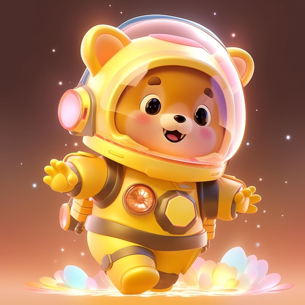 orso cartone animato in tuta spaziale con luci incandescenti e un casco ai generativo