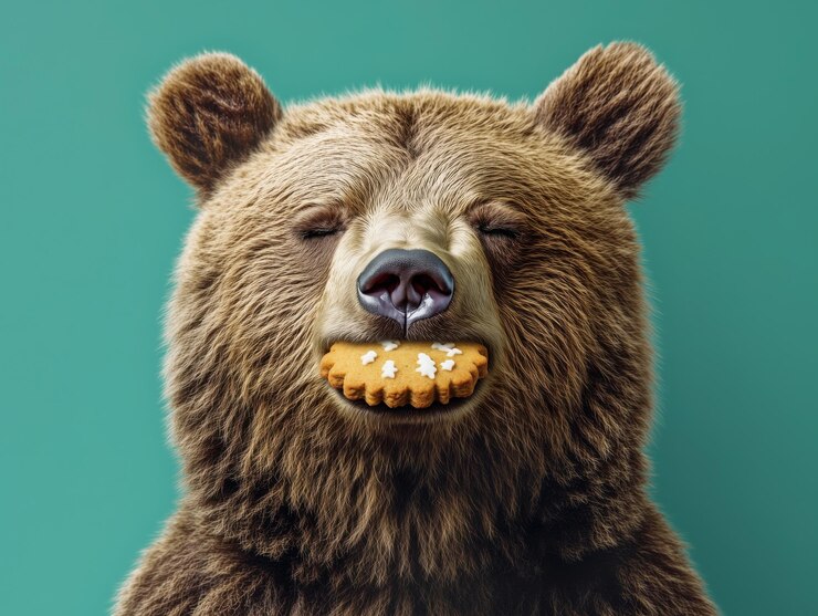 Orso con un biscotto in bocca isolato su uno sfondo blu Orso marrone carino e divertente che mangia biscotti Animale comico che mangia dolci