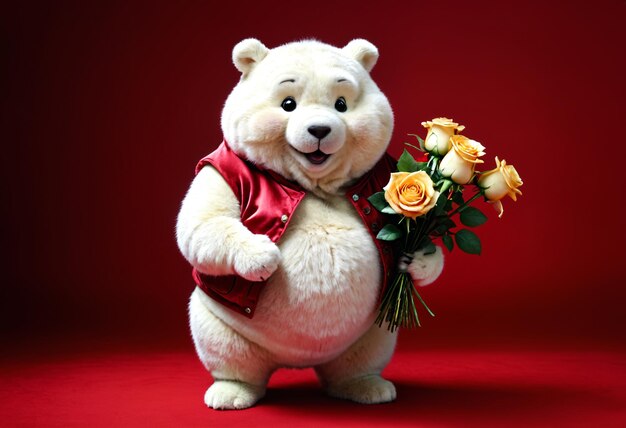 orso con un bouquet di rose nello spazio di copia su sfondo rosso AI generativa