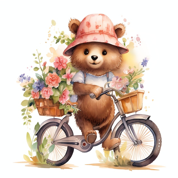 Orso dell'acquerello sveglio sulla clipart dell'orsacchiotto dell'illustrazione della bicicletta