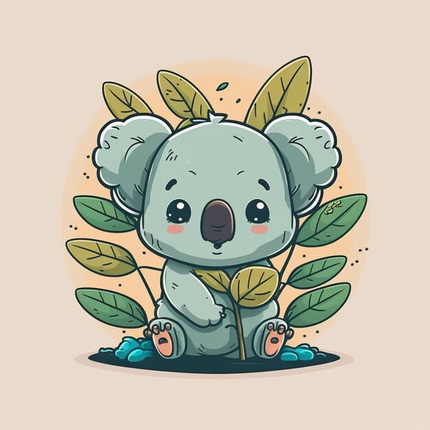 Orso di koala del fumetto che si siede in un cespuglio con l'illustrazione di arte di vettore delle foglie