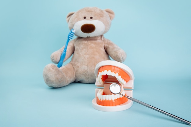 Orso di peluche animale con spazzolino da denti come simbolo del concetto di odontoiatria bambini isolato sull'azzurro.