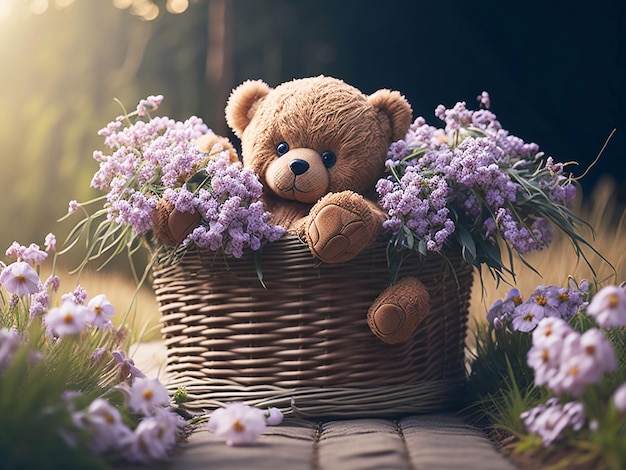 Orso di peluche con fiori sullo sfondo esterno del cesto