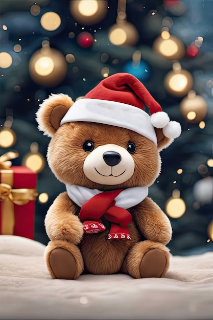 Orso di peluche seduto a Natale sorridente