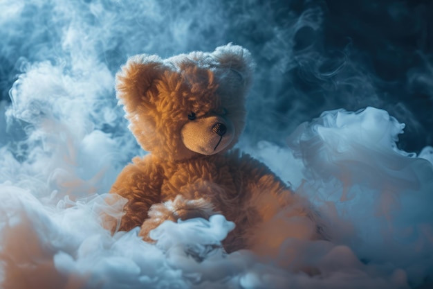 Orso di peluche seduto in una spessa nuvola di fumo di tabacco Concepto di avvertimento sui pericoli del fumo