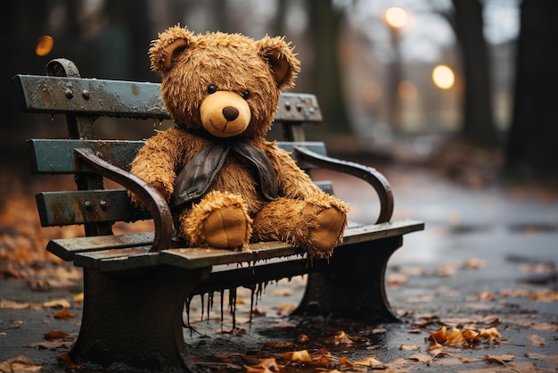 Orso di peluche seduto su una panchina del parco dimenticato giocattolo di bambino solitario con pelliccia bagnata giorno di pioggia